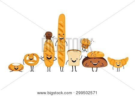 Doodle Smiling Bread Characters Set Isolated On White Background. Vector Illustration