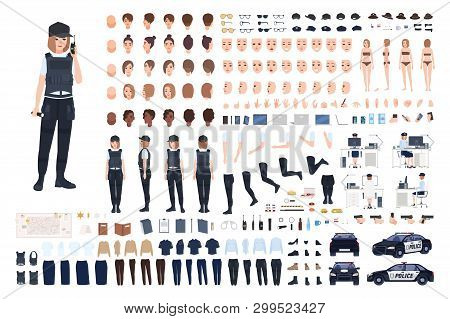 Policewoman Animation Set Or Diy Kit. Bundle Of Female Police Officer Body Parts, Faces, Hairstyles,