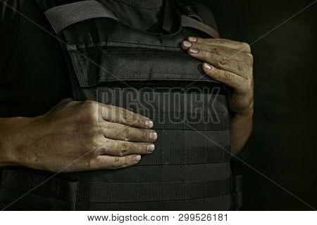 I Can Protect Myself From Yout Shot. Close Up Portrait Of Young Male Soldier. Man In Military Unifor