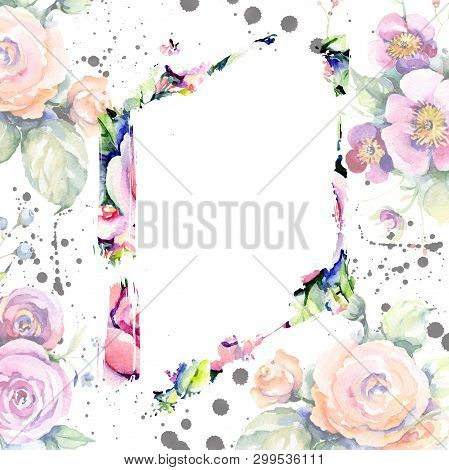Pink Rose Bouquet Loral Botanical Flowers. Watercolor Background Illustration Set. Frame Border Orna