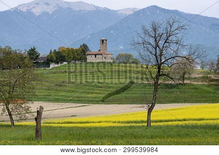 Garbagnate Monastero, Lecco, Lombardy, Italy: Landscape At Spring With Yellow Flowers And A Little O