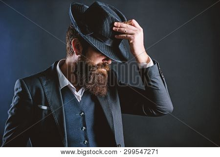 Englishman Club. Detective In Hat. Mature Hipster With Beard. Brutal Caucasian Hipster Has Moustache