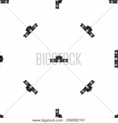 Railway Station Building Pattern Repeat Seamless In Black Color For Any Design. Geometric Illustrati