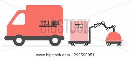 Vector Illustration With Robot Loader Loads Boxes Into A Truck. Automation Warehouse Processes. Smar