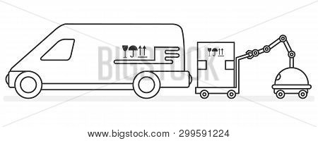 Vector Illustration With Robot Loader Loads Boxes Into A Car. Automation Warehouse Processes. Smart 