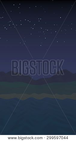 Starry Moonless Sky. Ocean Shore Line With Waves On A Beach. Island Beach Paradise With Waves. Vacat