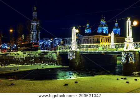 Night View Of The Bell Tower Of St. Nicholas Naval Cathedral, Kryukov Canal And The Red Guard Bridge