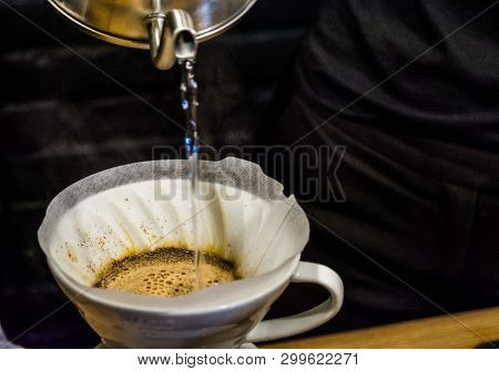 Preparation Process An Alternative Method Of Coffee In Cafe. Pour Over V60. Funnel And Server. Work 