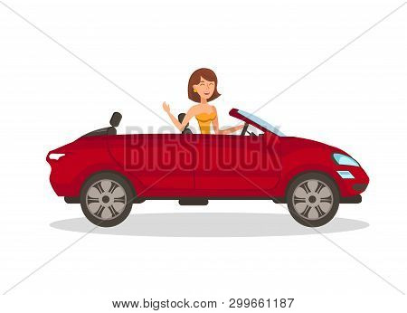 Wealthy Woman In Car Flat Vector Illustration. Happy Lady Riding Automobile Isolated Cartoon Charact