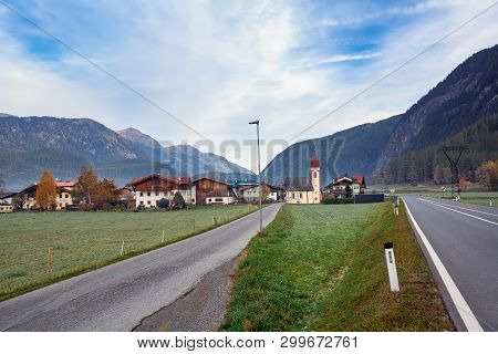 Laengenfeld, Austria - October 18, 2018. Alpine Village On A Cloudy Autumn Day. Laengenfeld, Imst Di