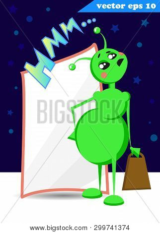 Green Funny Cartoon Style Alien With Sturry Sky