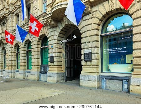 Zurich, Switzerland - August 1, 2016: Facade Of The Credit Suisse Building On Paradeplatz Square Dec