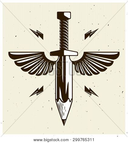 Idea Is A Weapon Concept, Weapon Of A Designer Or Artist Allegory Shown As Winged Sword With Pencil 
