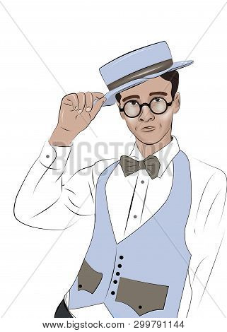 Fashionable Handsome Guy Wearing In Bow Tie, White Shirt And Jacket Learning On The Wall And Touchin