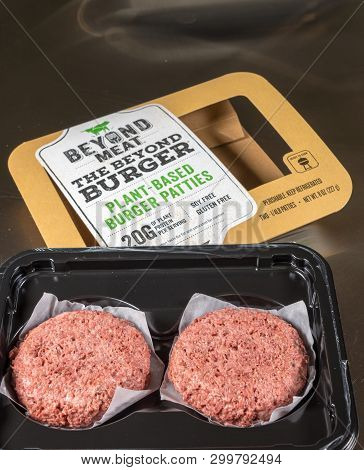 Morgantown, Wv - 6 May 2019: Packagingand Contents Of Beyond Meat Beyond Burgers On Steel Background