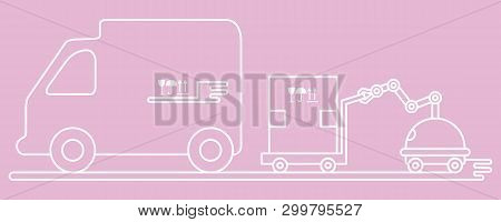 Vector Illustration With Robot Loader Loads Boxes Into A Truck. Automation Warehouse Processes. Smar