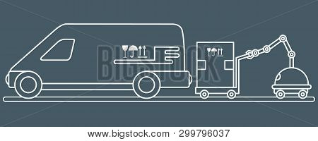 Vector Illustration With Robot Loader Loads Boxes Into A Car. Automation Warehouse Processes. Smart 