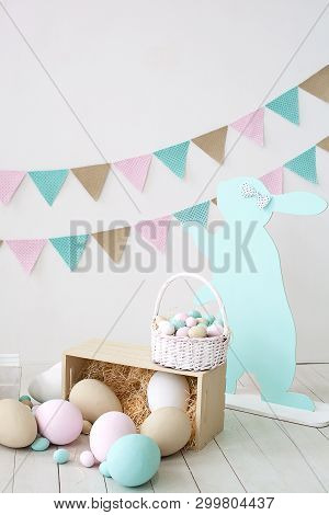 Easter! Many Colorful Easter Eggs With Bunnies And Baskets! Easter Decoration Of The Room, Children 