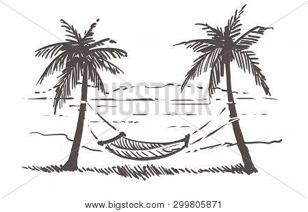 Hammock Between Palm Trees On The Sea Beach. Samui Hand Drawn Sketch Illustration.