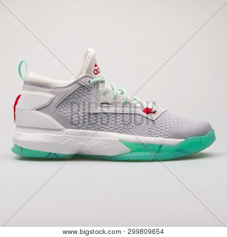 Vienna, Austria - August 28, 2017: Adidas D Lillard 2 Pk Grey And Green Sneaker On White Background.