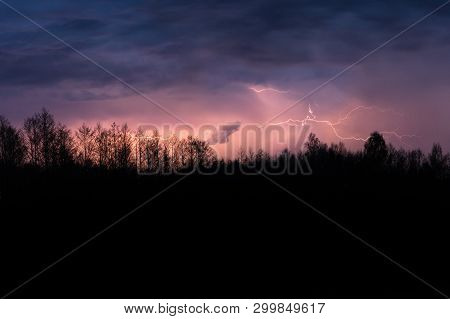 Colourful Summer Thunder Storm Over The Forest At Night. Spectacular Lighting Strikes In The Sky