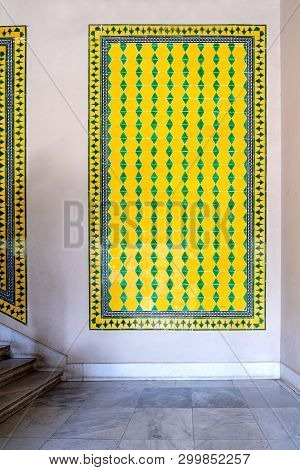 Cairo, Egypt- August 26 2018: Ottoman Style Glazed Ceramic Tiles Decorated With Floral Ornamentation