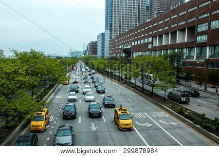 NEW YORK, NY - MAY 03. 2019:  West street view from bridge near BMCC at Tribeca are on Manhattan.  