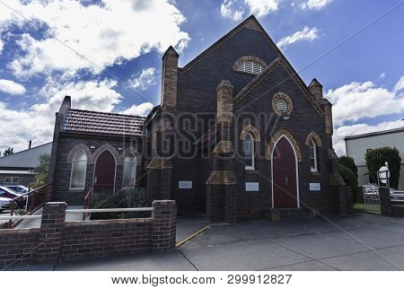 Armidale, Australia - April 10, 2019: Facade Of The Baptist Church Built In 1918 To A Gothic Revival