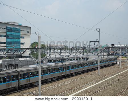 Jakarta, Indonesia - April 17, 2019: Rows Of Mrt Jakarta Train Sets Parking At Lebak Bulus Mrt Depot