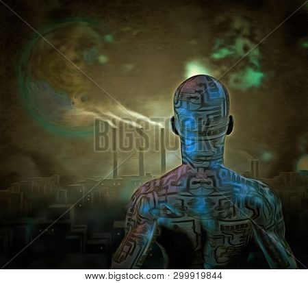 Surreal painting. Droid stands before futuristic city. Terraformed moon in the sky. 3D rendering