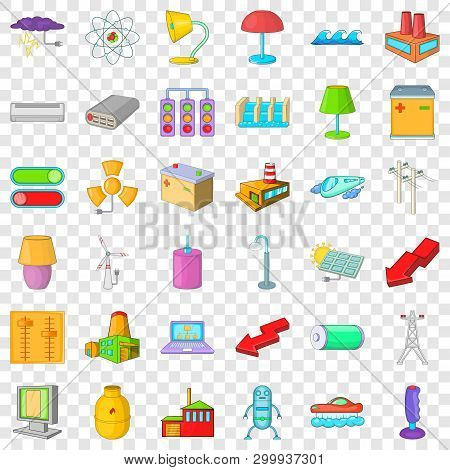 Electricity Battery Icons Set. Cartoon Style Of 36 Electricity Battery Vector Icons For Web For Any 