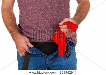 Photo Of A Man With Unzipped Pants  Holding A Sexy Red Female Panties