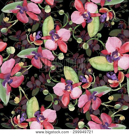 Orchid Bouquets Floral Botanical Flowers. Watercolor Background Illustration Set. Seamless Backgroun