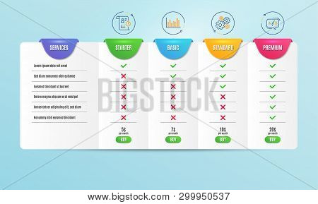 Bar Diagram, Report And Cogwheel Icons Simple Set. Comparison Table. Ab Testing Sign. Statistics Inf
