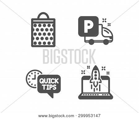 Set Of Shopping Bag, Quick Tips And Truck Parking Icons. Start Business Sign. Paper Package, Helpful