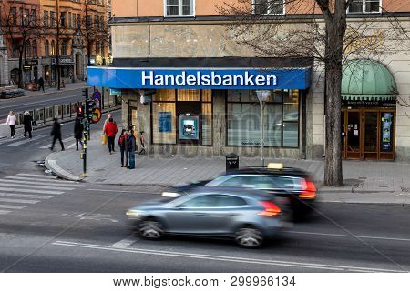 Stockholm, Sweden - April 17, 2019: Handelsbanken Bank On A Street In Stockholm, Sweden With Cars Dr