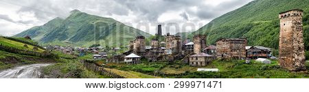Panoramic View At The Svanetian Towers In The Village Ushguli, Georgia.