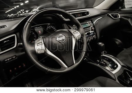 Novosibirsk, Russia - May 06, 2019:  Nissan Xtrail,close-up Of The Dashboard, Speedometer, Tachomete