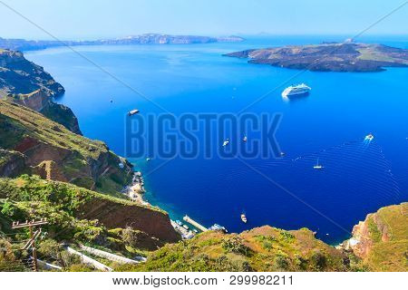 Caldera Panoramic View, Santorini With Donkey Path And Old Port, Volcano Island In Greece