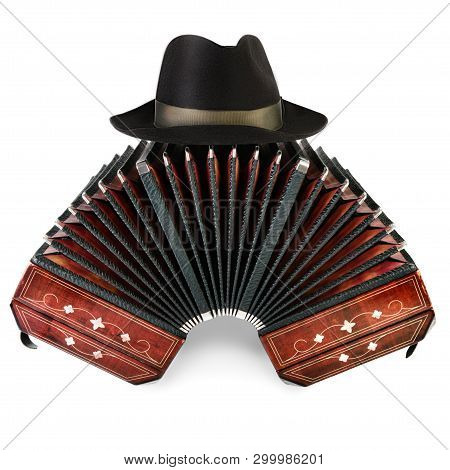 Closeup On Bandoneon With Black Male Hut On Top On White Background