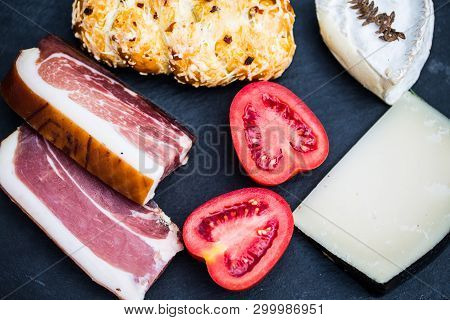 Cheese And Tyrolean Bacon On Slate, Pecorino, French Soft Cheese