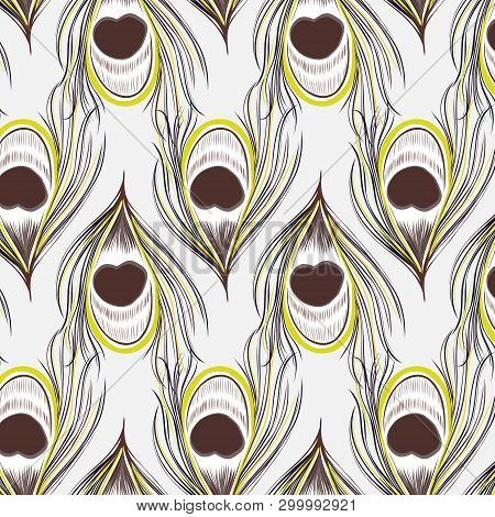 Hand-drawn Feather Green Decoration. Animal Elegant Exoticpattern With Tender Peacock Plumage.