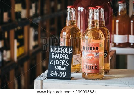 Elveden, Uk - April 21, 2019: Locally Made Norfolk Raider Cider On Sale In The Courtyard, A Country 