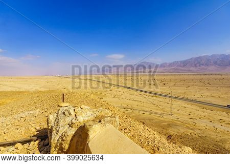View Of The Arava Desert Landscape, And The Arava Road (90), Between Israel And Jordan