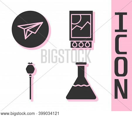 Set Test Tube And Flask, Messenger, Opium Poppy And Open Matchbox And Matches Icon. Vector