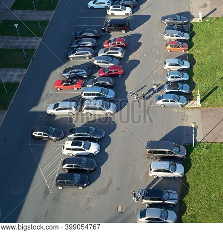 Magdeburg, Germany - October 26, 2019: Aerial View Of A Car Park With Cars In The City Centre Of Mag