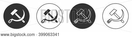 Black Hammer And Sickle Ussr Icon Isolated On White Background. Symbol Soviet Union. Circle Button. 