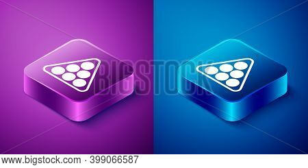 Isometric Billiard Balls In A Rack Triangle Icon Isolated On Blue And Purple Background. Square Butt