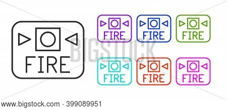 Black Line Fire Alarm System Icon Isolated On White Background. Pull Danger Fire Safety Box. Set Ico