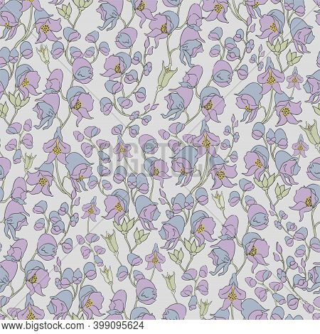 Vector Hand-drawn Aconitum(wolf's Bane) Flower Illustration Seamless Repeat Pattern With Grey Backgr